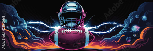 Dynamic American Football Illustration with Helmet and Ball, Electric Energy, Abstract Lightning, and Vibrant Colorful Clouds on Black