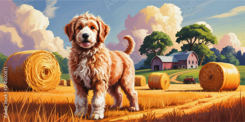 Cute Fluffy Dog in Golden Hay Field with Round Bales, Rustic Barn, and Tractor Under Vibrant Summer Sky, Digital Art Illustration