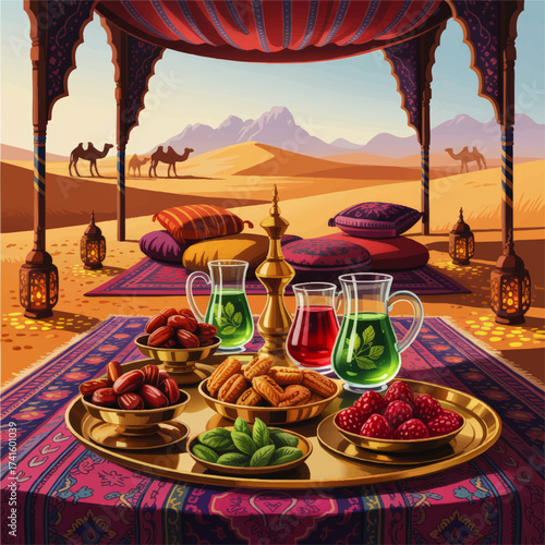 Luxurious Middle Eastern Desert Tent with Cushions, Lanterns, Exotic Sweets, Mint Tea, and Camel Caravan at Sunset – Oriental Hospitality Concept
