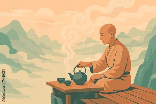 Calm moment of a monk brewing tea in a serene mountain setting at sunrise