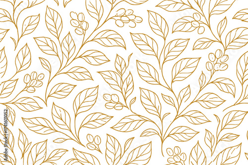 Elegant botanical pattern featuring leaves and berries in a simple linear design on a white background