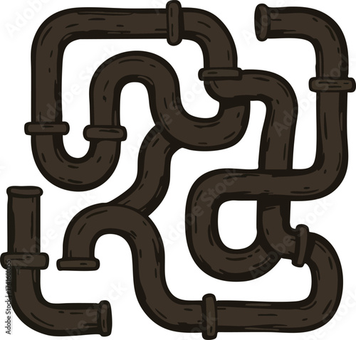 Complex network of dark brown plumbing pipes vector illustration showing interconnected system and joints 