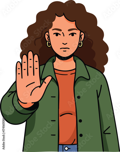 Woman making stop gesture with hand raised in green jacket and curly hair vector illustration 