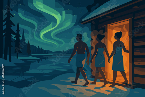 People enjoying a sauna experience under the northern lights in winter near a frozen lake