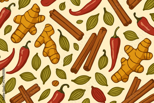 Colorful pattern featuring spices including turmeric, chili peppers, and cinnamon on a light background