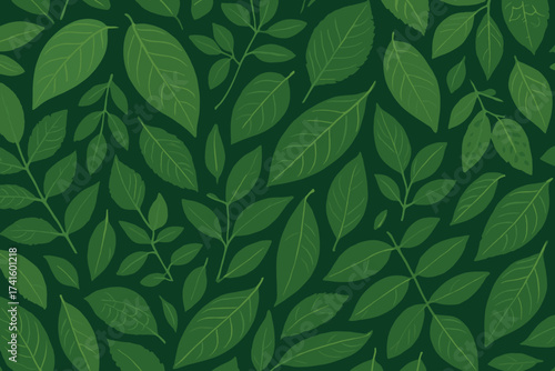 Lush green leaves pattern showcasing diverse shapes and sizes in a serene, nature-inspired design for a calming atmosphere