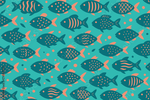 Colorful fish pattern with various designs on a bright turquoise background