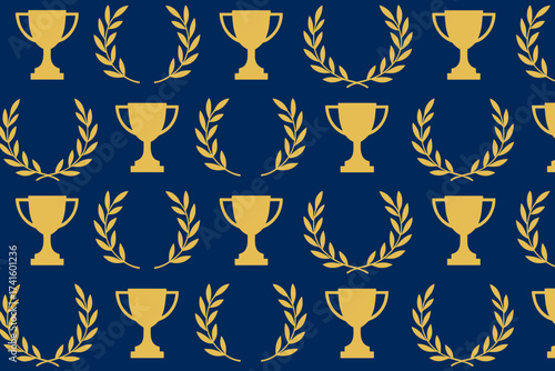 Colorful pattern featuring golden trophies and laurel wreaths on a deep blue background in a vibrant design