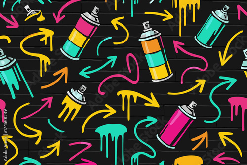 Colorful spray paint cans create a vibrant urban art pattern on a black background