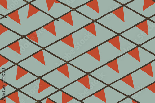 Colorful triangular flags hang in a neat pattern against a light blue background for a festive atmosphere