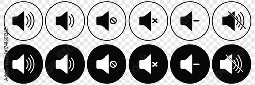 speaker icon set. noise icons symbol. sound level. silent signs. Volume symbol. Speaker with Three Sound Waves, Vector isolated Volume icon set in black outline. Volume icon. Audio icon set Speaker