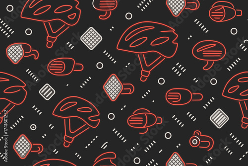 Creative patterns featuring bicycle helmets and related cycling gear on a dark background