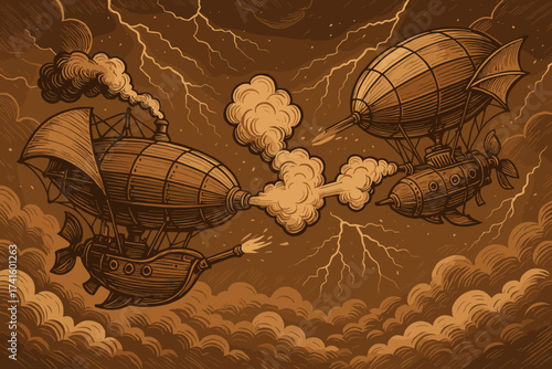 Two steampunk airships engage in a fierce battle amidst a stormy sky filled with lightning