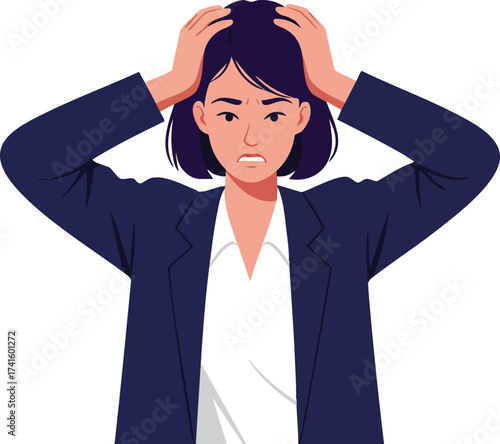 Young woman expressing frustration and stress in business attire with hands on head vector illustration 