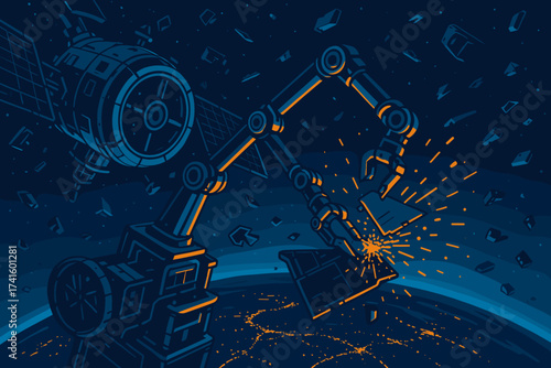 Robot arm repairs satellite in space above Earth at night with bright stars illuminating the scene