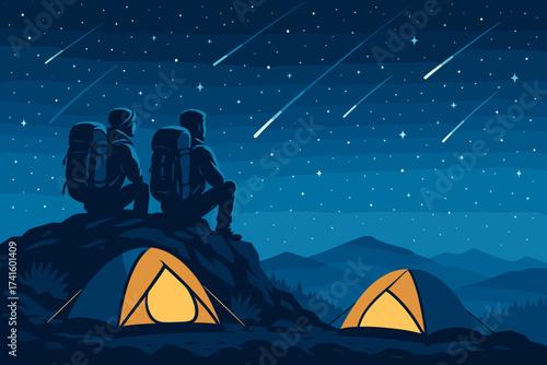 Stargazers watching shooting stars near their tents under a clear night sky in the mountains