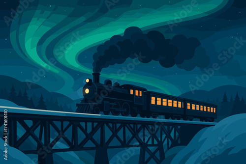 Steam train travels over a bridge under the northern lights at night in a serene winter landscape