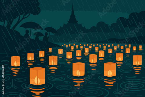Lanterns float on a rainy night beside ancient temple in serene water setting