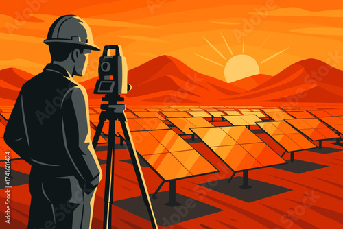 Surveying solar panels at sunset in a desert landscape with warm orange hues illuminating the scene