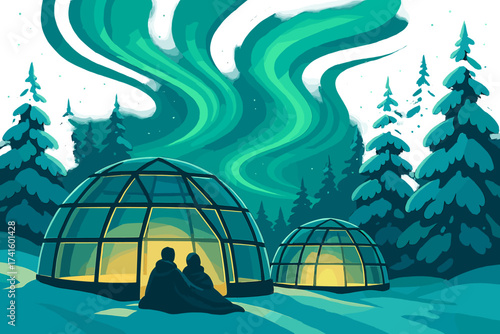 Couple sitting in igloo gazing at northern lights in winter forest at night