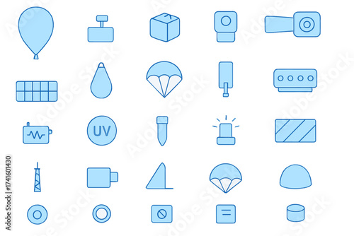 Icons representing various objects and activities in simple blue outlines