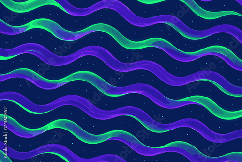 Colorful wavy pattern with purple and green hues on a dark background creating a vibrant abstract design