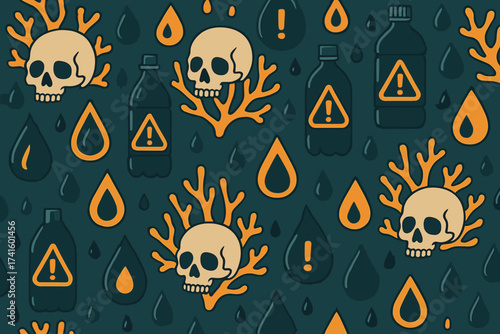 Unique pattern featuring skulls, coral, and warning signs in vibrant colors highlighting environmental issues