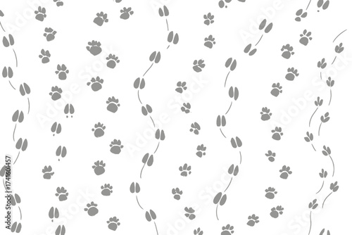 Patterns of animal tracks on a white background showcasing various paw and hoof prints scattered throughout the design