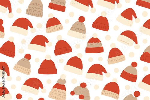 Festive pattern featuring various red and beige winter hats on a white background during the holiday season
