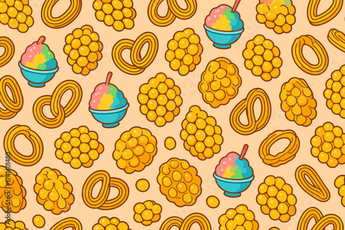 Colorful dessert pattern featuring ice cream, curly snacks, and round sweets in fun designs on a pastel background