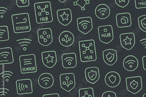 Variety of technology icons featuring sensors, hubs, and shields on a dark background showing interconnectedness and security themes