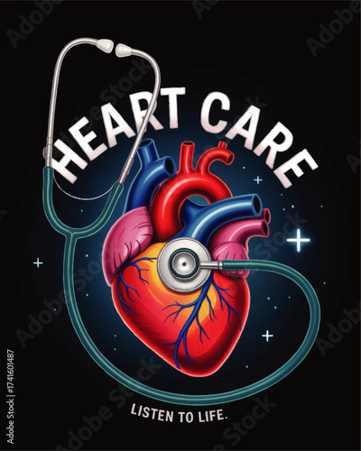 Heart Care Medical Illustration – Human Heart with Stethoscope, Cardiovascular Health, Listen to Life Concept, Black Background