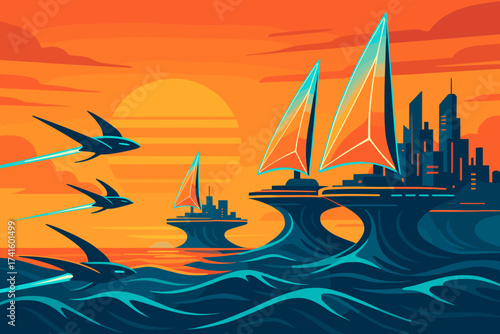 Futuristic city skyline and sailboats against a vibrant sunset over calm waters