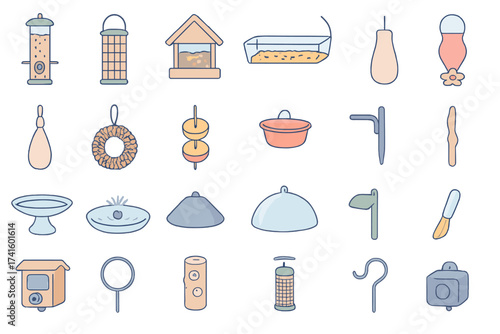 Collection of bird feeders, garden supplies, and tools arranged on a white background for creative inspiration and gardening ideas