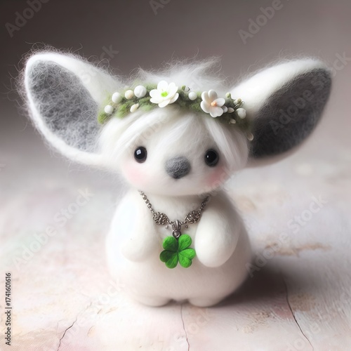 A charming, fluffy white creature with oversized ears gazes directly at the viewer, adorned with a delicate flower crown featuring small white blossoms and a lush green clover. Felt art.