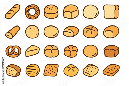 Various types of baked goods displayed in a colorful, fun illustration with different bread and pastries set against a plain background