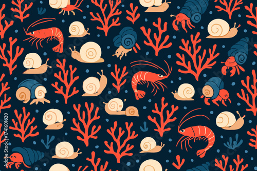 Colorful sea life pattern with snails and shrimp on dark background, suitable for textiles and design projects