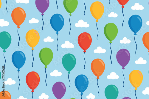 Colorful balloons float against a light blue sky filled with white clouds, creating a festive atmosphere for celebrations