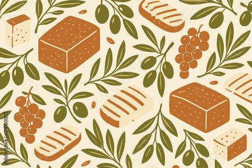 Various cheese blocks and olives create a decorative pattern on a light background