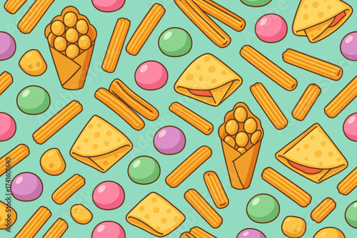 Colorful array of snacks and treats arranged playfully on a bright turquoise background