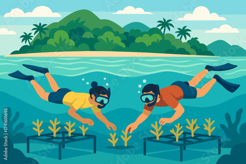 Underwater planting activity in a tropical setting with two divers working on coral restoration