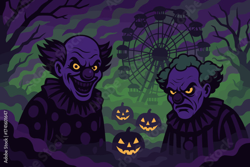 Dark clowns at an eerie carnival with glowing pumpkins and a haunted ferris wheel