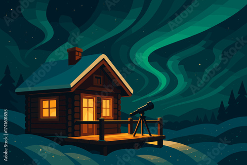 Cozy cabin under northern lights with telescope on deck at night