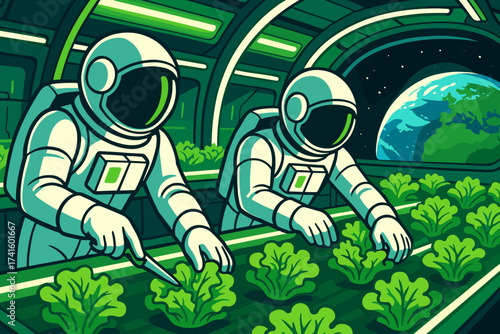 Astronauts harvesting lettuce in a space garden with Earth visible in the background