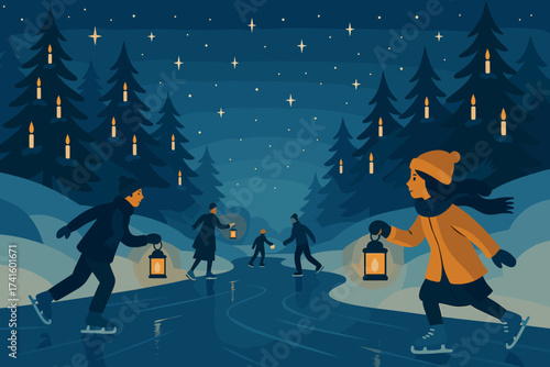 Family skating under a starry night sky with lanterns by a frozen pond surrounded by pine trees