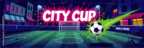 Urban Night Soccer Cup Poster with Colorful Cartoon Street Football Field, Animated Ball Splash, and Vibrant Cityscape Design