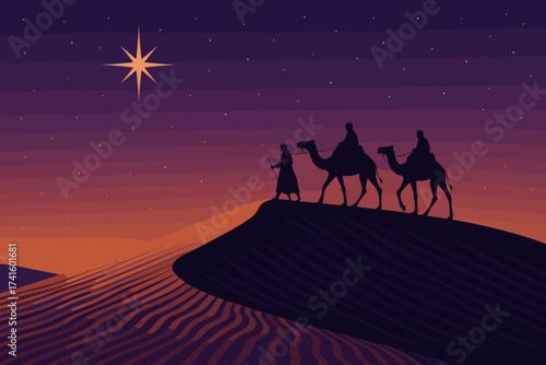 Journey through the desert at dusk with three travelers guided by a bright star