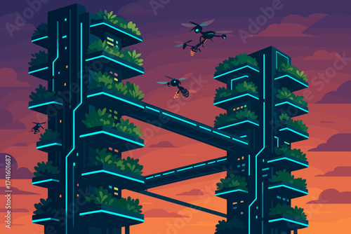 Futuristic urban landscape with drone technology and vertical gardens during sunset