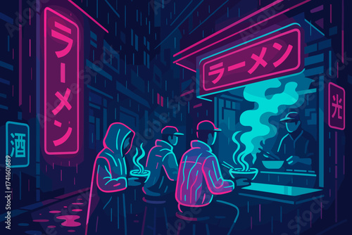 Evening ramen stall experience on a rainy night in a vibrant cityscape with glowing signs