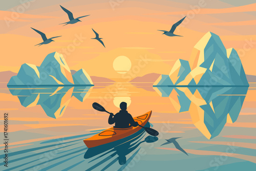 Kayaker paddling through calm waters with icebergs and birds at sunset